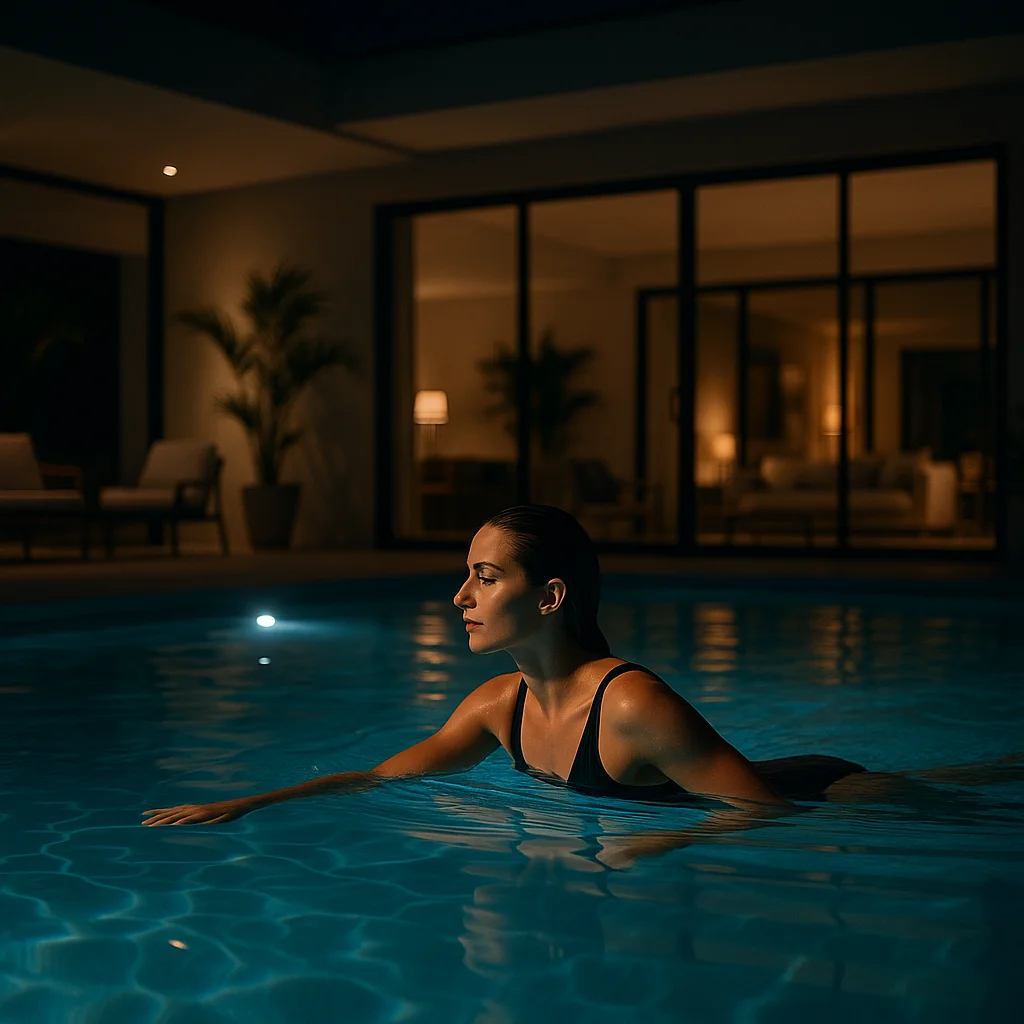 Woman swimming in pool at night